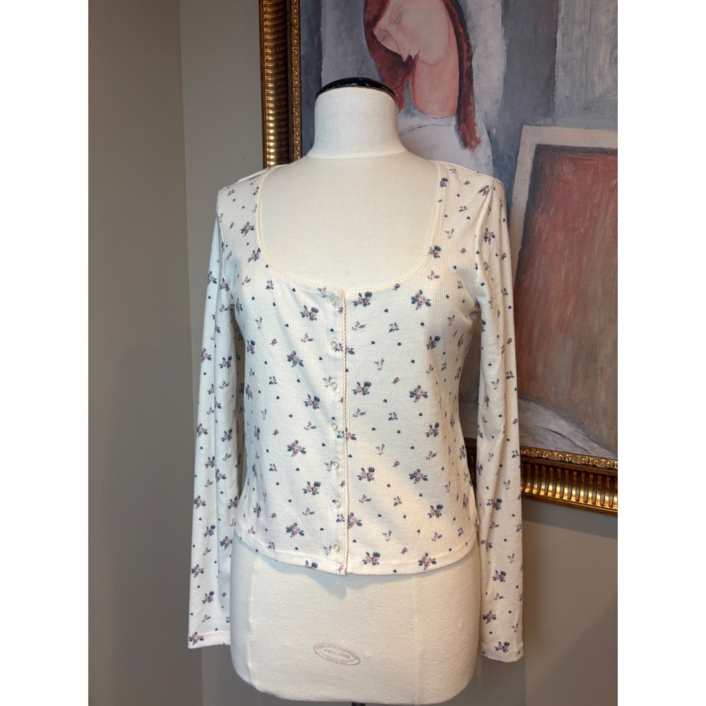 Z Supply Womens Floral Thermal Knit Button Front Henley Cream Size M